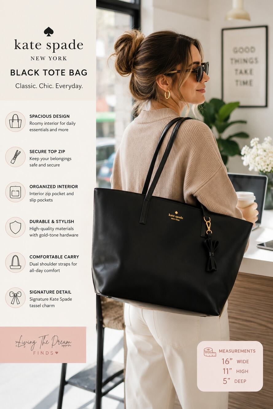 Kate Spade New York Black Tote Bag Pink Lining Gold Hardware Shoulder Purse